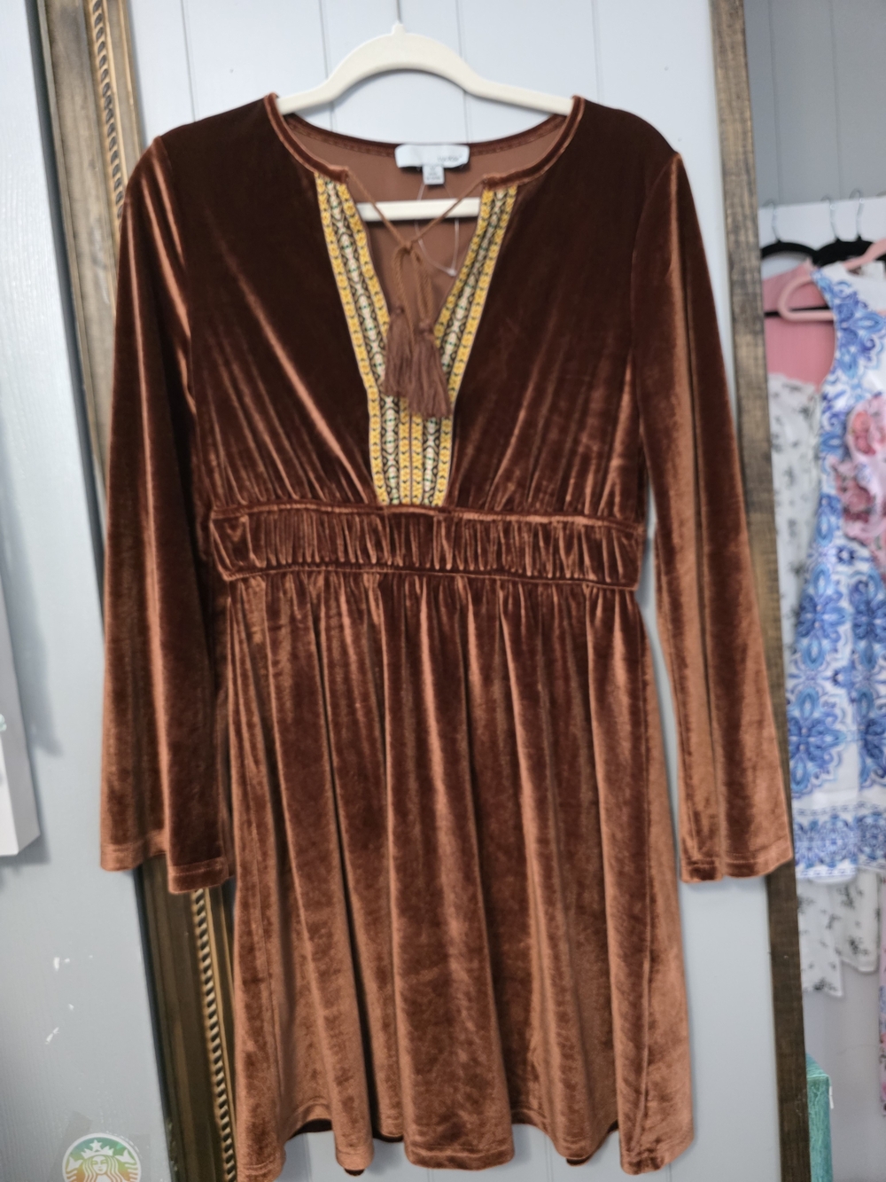 Rust Brown Velvet Long-Sleeve Dress with Embroidered Tassel Detail